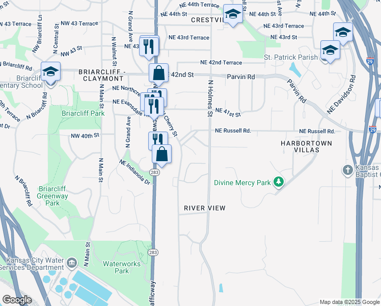 map of restaurants, bars, coffee shops, grocery stores, and more near 615 Northeast Woodlawn Street in Kansas City