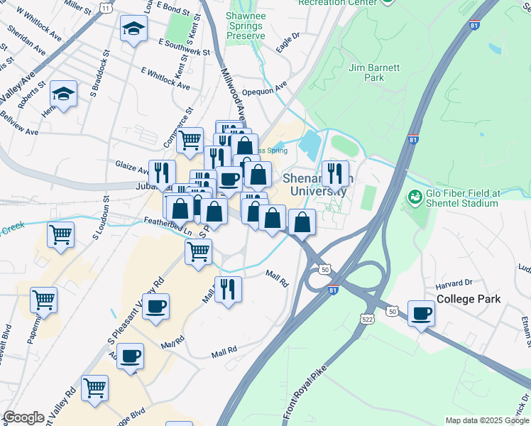 map of restaurants, bars, coffee shops, grocery stores, and more near 633 Millwood Avenue in Winchester