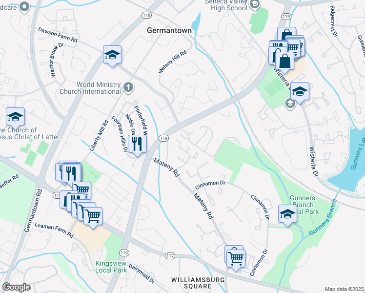 map of restaurants, bars, coffee shops, grocery stores, and more near 18917 Pine Ridge Lane in Germantown