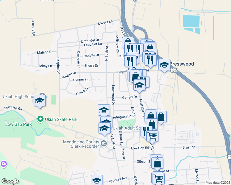 map of restaurants, bars, coffee shops, grocery stores, and more near 1706 Lockwood Drive in Ukiah