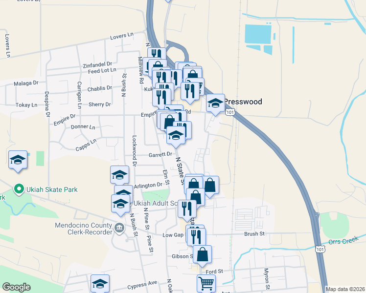 map of restaurants, bars, coffee shops, grocery stores, and more near 1139 North State Street in Ukiah