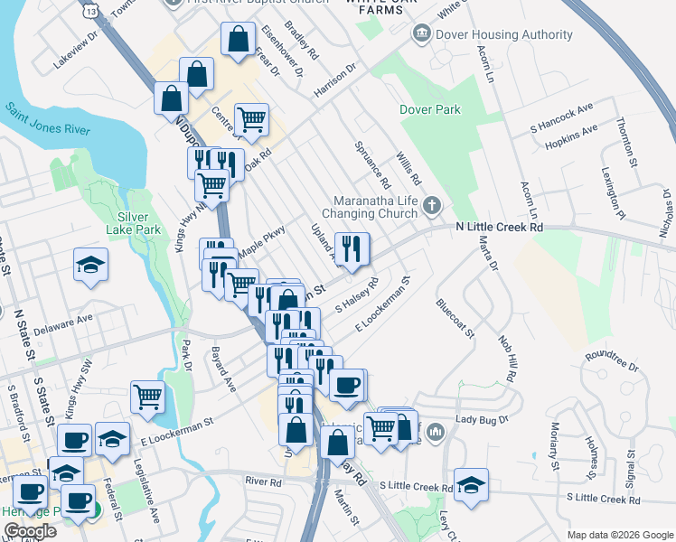 map of restaurants, bars, coffee shops, grocery stores, and more near 821 East Division Street in Dover