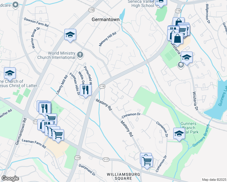 map of restaurants, bars, coffee shops, grocery stores, and more near 18919 Pine Ridge Lane in Germantown