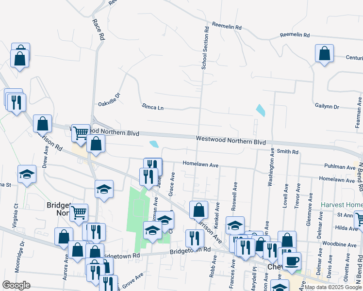 map of restaurants, bars, coffee shops, grocery stores, and more near 4235 Victorian Green Drive in Cincinnati