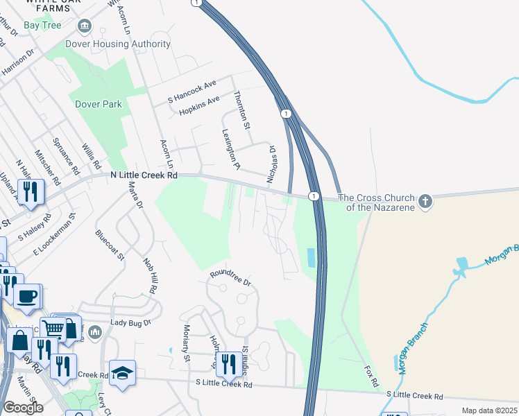 map of restaurants, bars, coffee shops, grocery stores, and more near 1542 North Little Creek Road in Dover