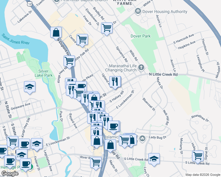 map of restaurants, bars, coffee shops, grocery stores, and more near 821 East Division Street in Dover