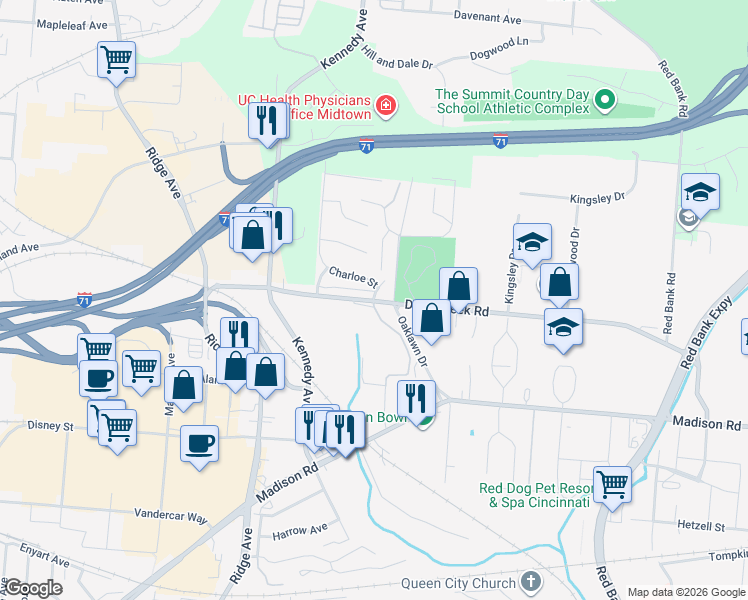 map of restaurants, bars, coffee shops, grocery stores, and more near in Cincinnati