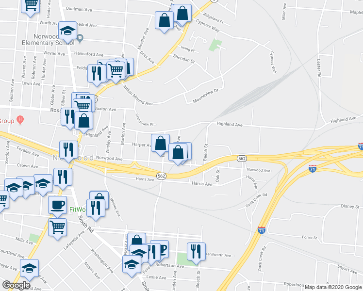 map of restaurants, bars, coffee shops, grocery stores, and more near 4919 Lloyd Avenue in Cincinnati