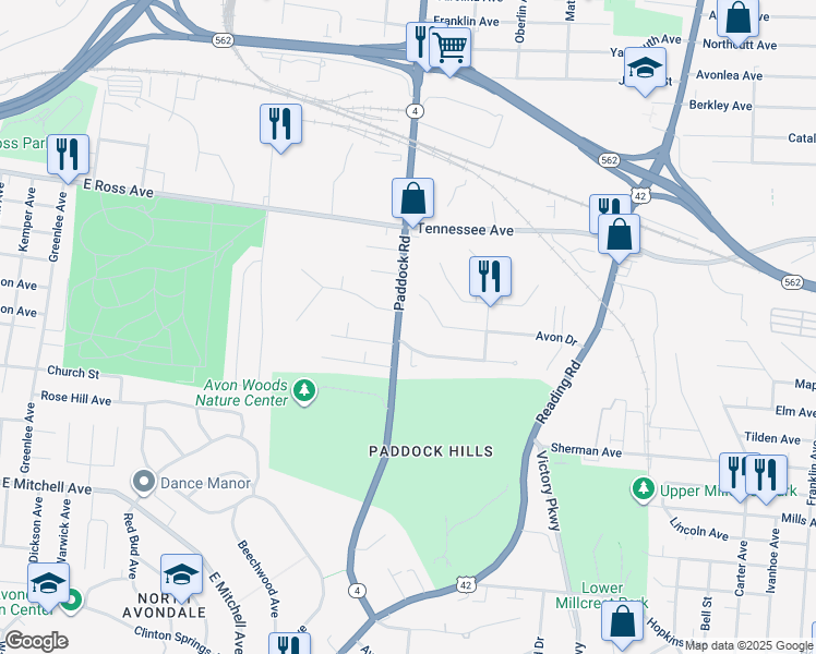 map of restaurants, bars, coffee shops, grocery stores, and more near 4520 Paddock Road in Cincinnati