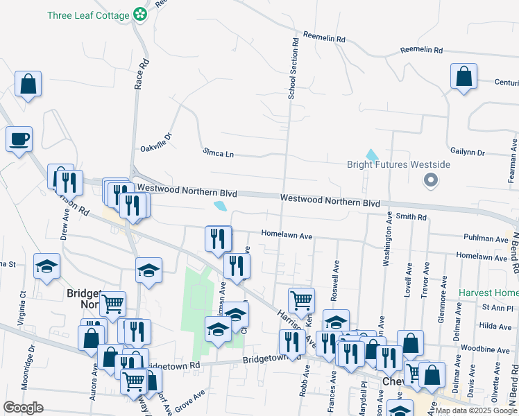 map of restaurants, bars, coffee shops, grocery stores, and more near 4235 Victorian Green Drive in Cincinnati