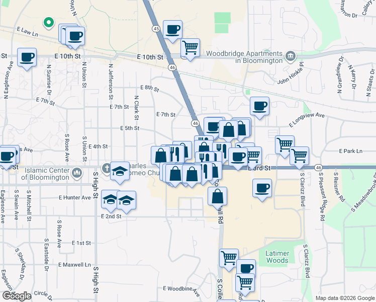 map of restaurants, bars, coffee shops, grocery stores, and more near 2611 East 3rd Street in Bloomington