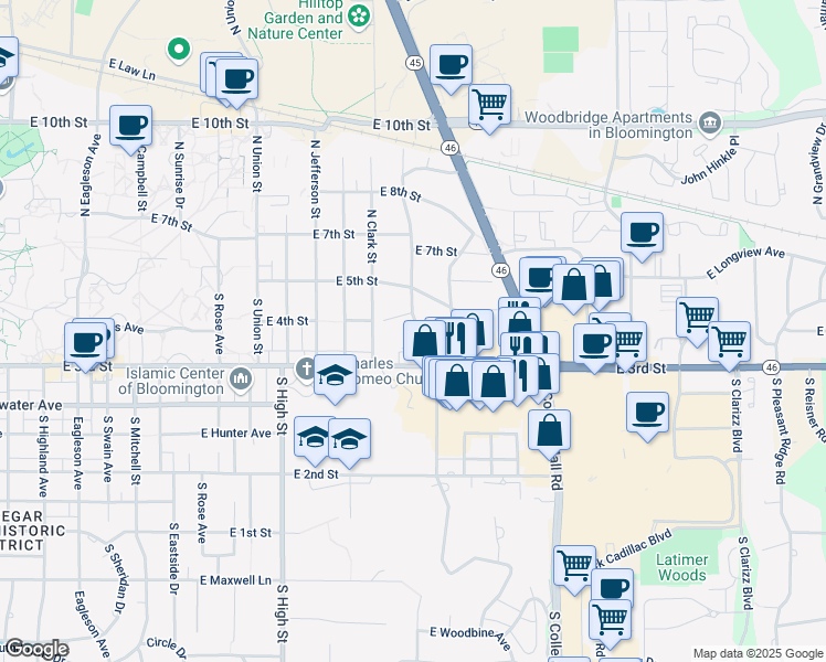 map of restaurants, bars, coffee shops, grocery stores, and more near 230 South Hillsdale Court in Bloomington