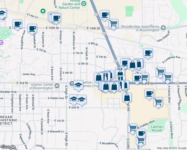 map of restaurants, bars, coffee shops, grocery stores, and more near 230 South Hillsdale Court in Bloomington