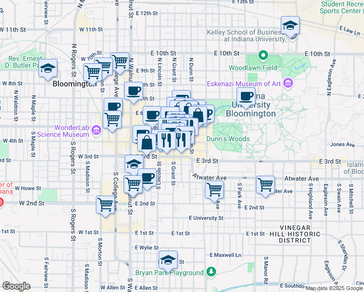 map of restaurants, bars, coffee shops, grocery stores, and more near 421 East 3rd Street in Bloomington