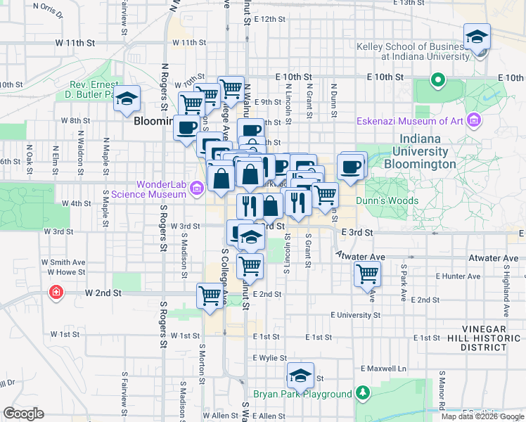 map of restaurants, bars, coffee shops, grocery stores, and more near 200 South Washington Street in Bloomington