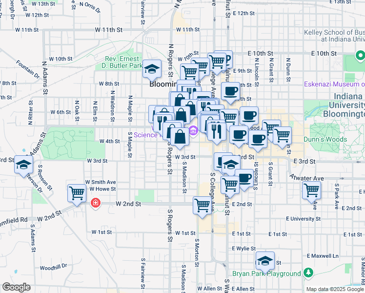 map of restaurants, bars, coffee shops, grocery stores, and more near 410 West 3rd Street in Bloomington
