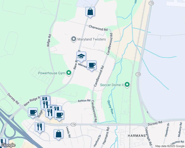 map of restaurants, bars, coffee shops, grocery stores, and more near 1321 Mercedes Drive in Hanover