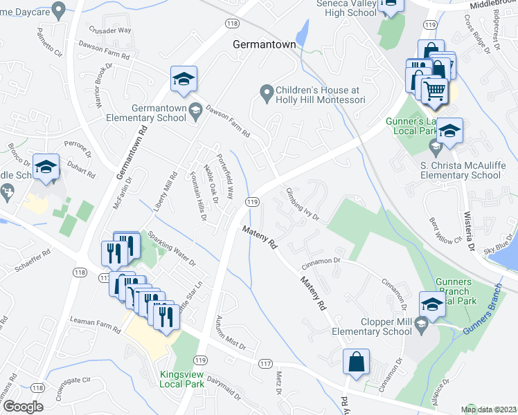 map of restaurants, bars, coffee shops, grocery stores, and more near 18948 Quiet Oak Lane in Germantown
