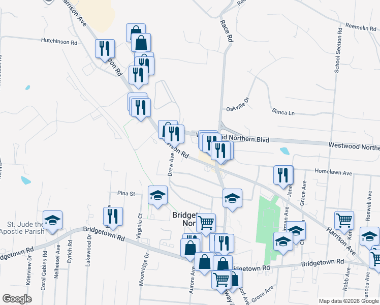 map of restaurants, bars, coffee shops, grocery stores, and more near 5575 Harrison Avenue in Cincinnati