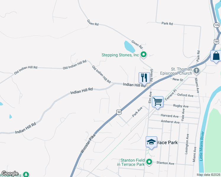 map of restaurants, bars, coffee shops, grocery stores, and more near 805 Indian Hill Road in Terrace Park