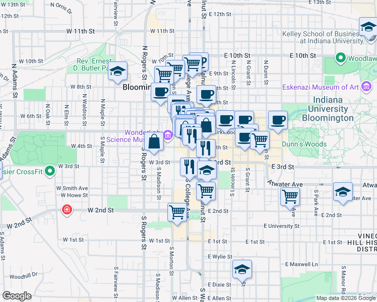 map of restaurants, bars, coffee shops, grocery stores, and more near 222 South College Avenue in Bloomington