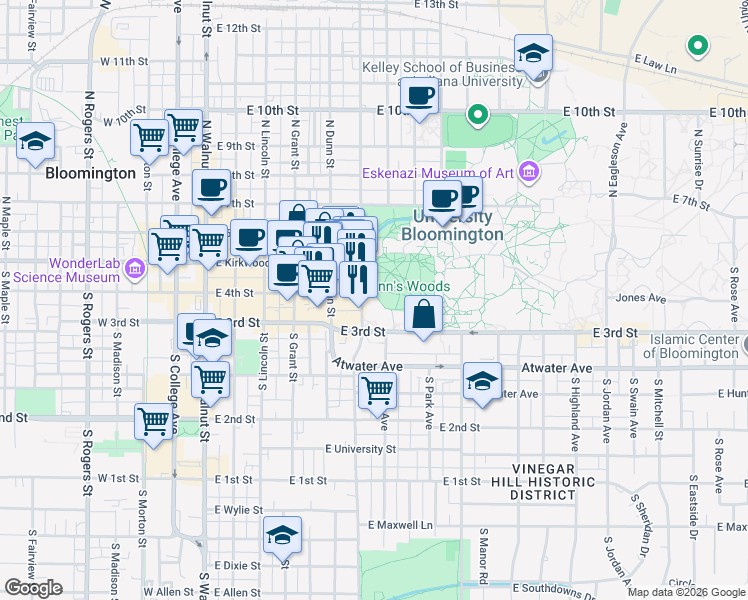 map of restaurants, bars, coffee shops, grocery stores, and more near in Bloomington