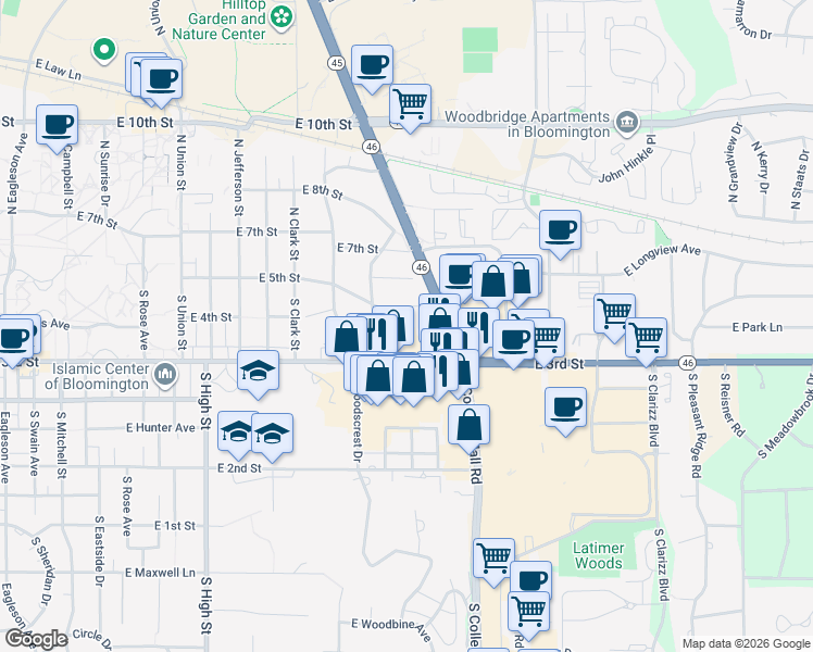 map of restaurants, bars, coffee shops, grocery stores, and more near 2611 East 3rd Street in Bloomington