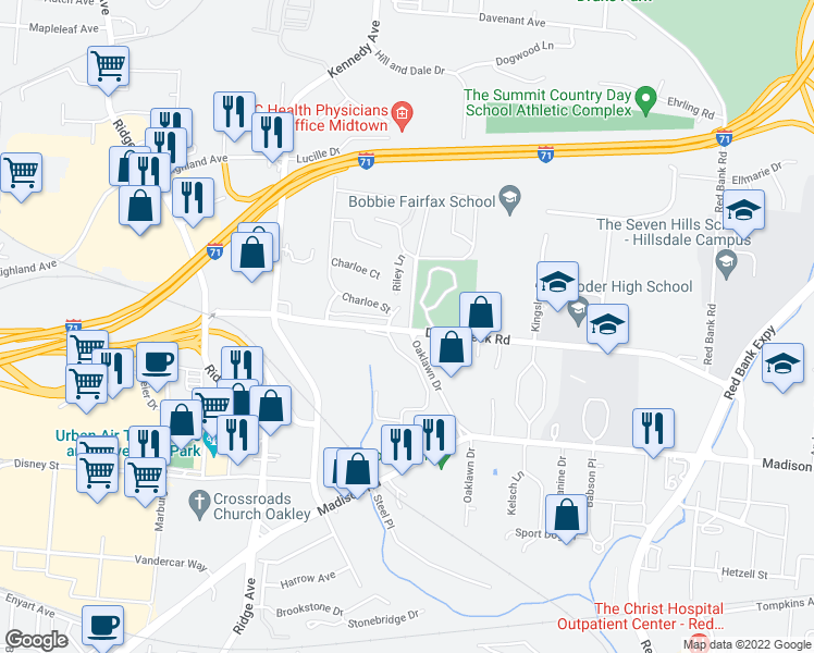 map of restaurants, bars, coffee shops, grocery stores, and more near 4300 Duck Creek Road in Cincinnati