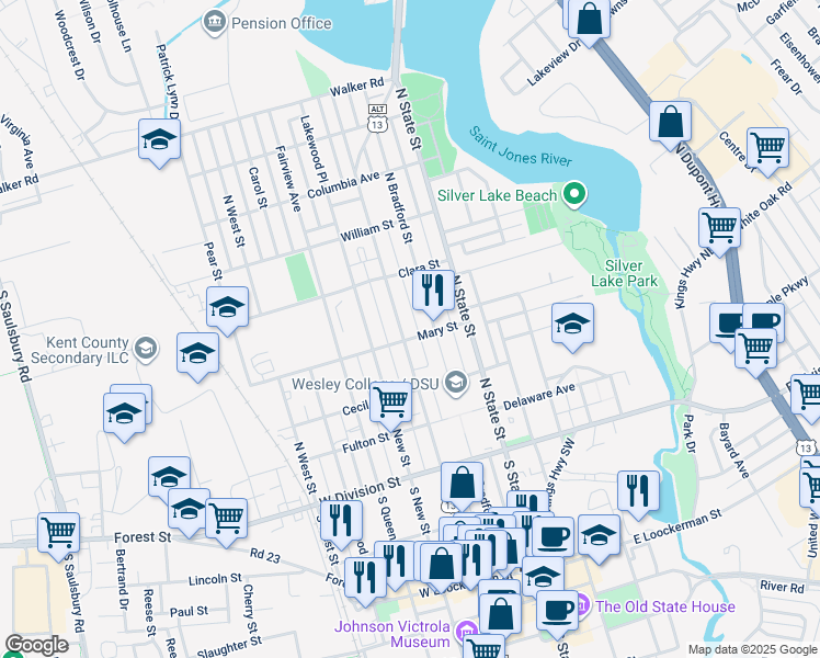 map of restaurants, bars, coffee shops, grocery stores, and more near 307 N Governors Ave in Dover