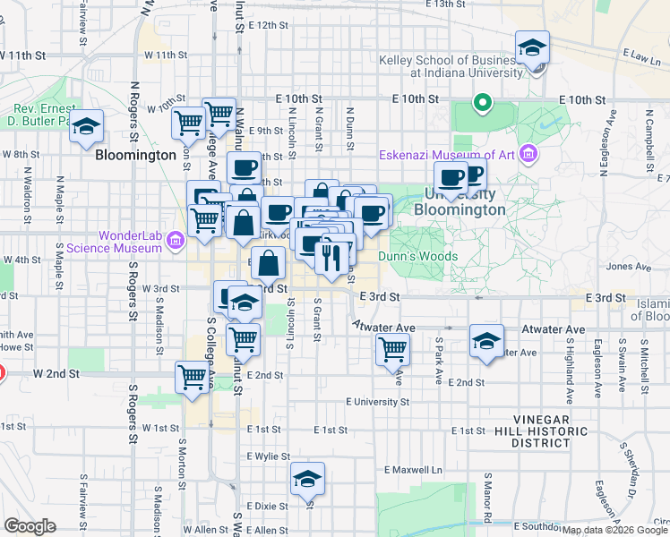 map of restaurants, bars, coffee shops, grocery stores, and more near 414 East 4th Street in Bloomington