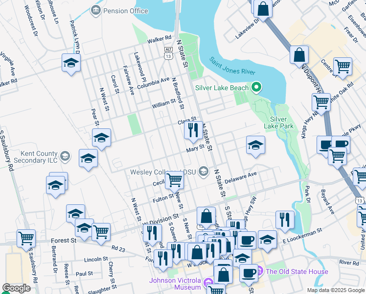 map of restaurants, bars, coffee shops, grocery stores, and more near 307 North Governors Avenue in Dover