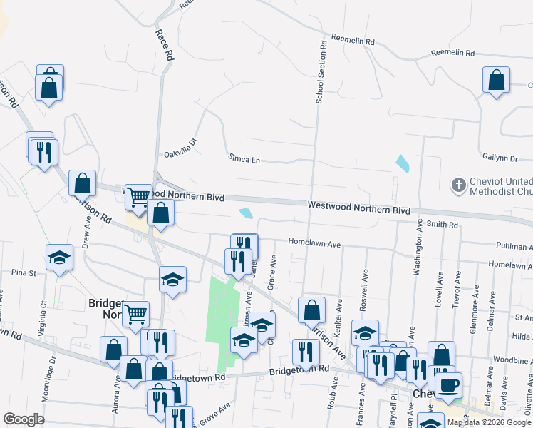 map of restaurants, bars, coffee shops, grocery stores, and more near 4235 Victorian Green Drive in Cincinnati