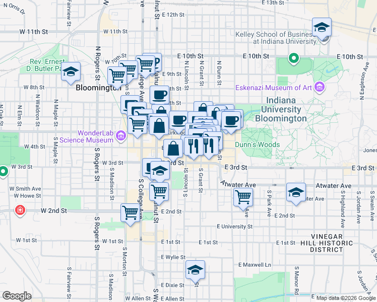 map of restaurants, bars, coffee shops, grocery stores, and more near 309 East 3rd Street in Bloomington