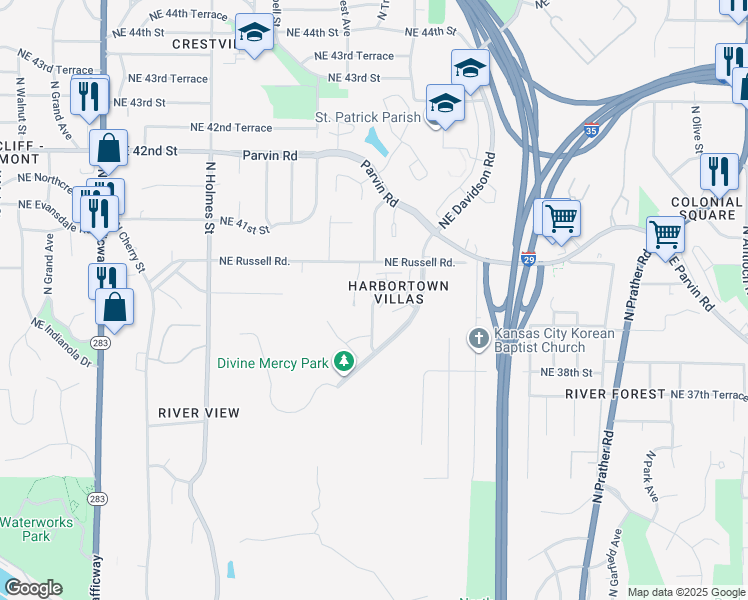 map of restaurants, bars, coffee shops, grocery stores, and more near 1316 Northeast 39th Street in Kansas City