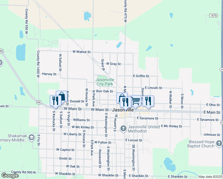 map of restaurants, bars, coffee shops, grocery stores, and more near 220 Burr Oak Street in Jasonville