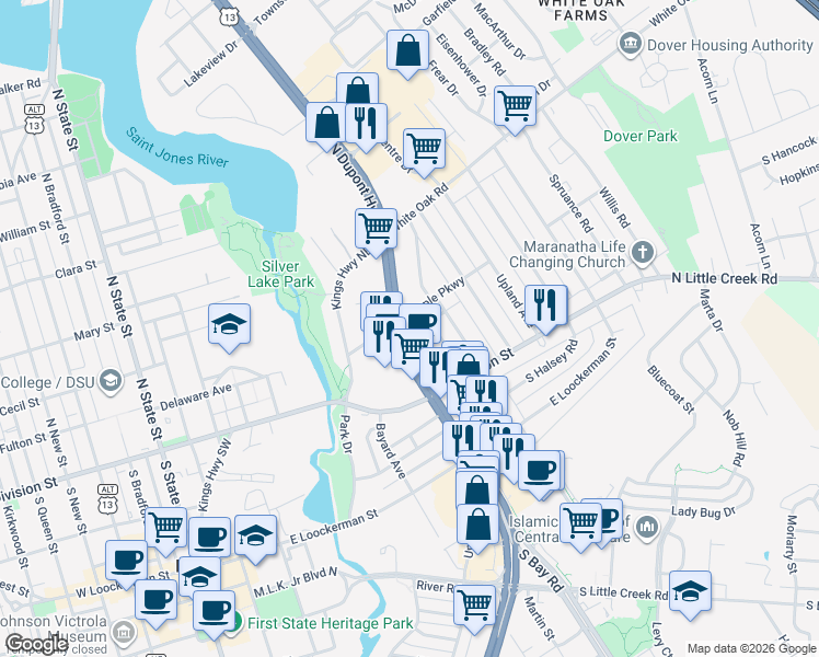 map of restaurants, bars, coffee shops, grocery stores, and more near 63 North Dupont Highway in Dover