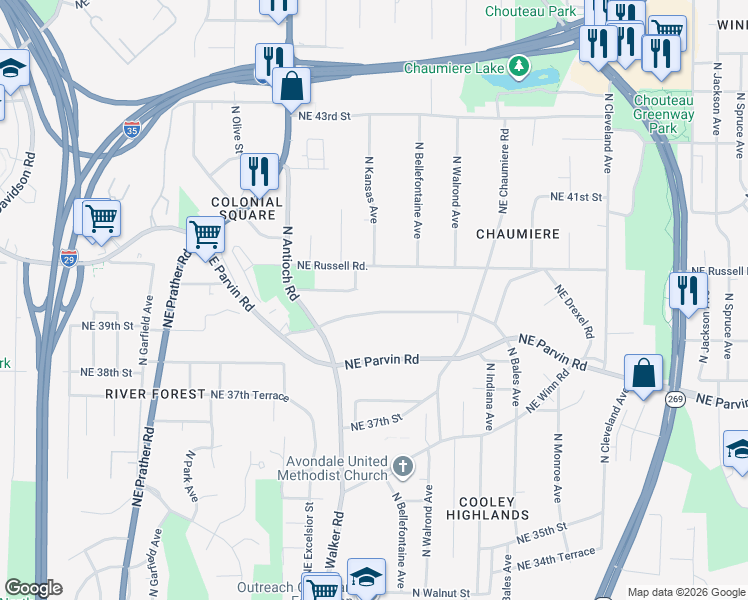 map of restaurants, bars, coffee shops, grocery stores, and more near 2914 Northeast 39th Street in Kansas City