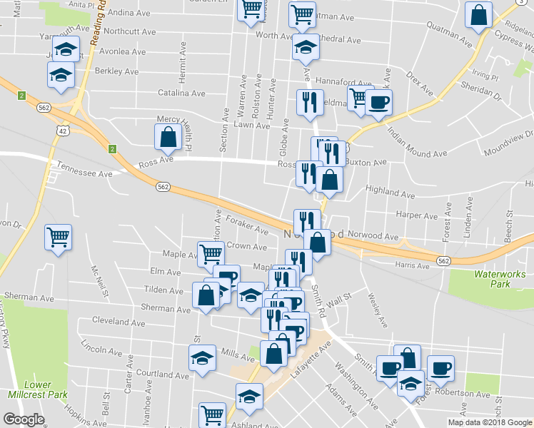 map of restaurants, bars, coffee shops, grocery stores, and more near Joseph E Sanker Boulevard in Norwood