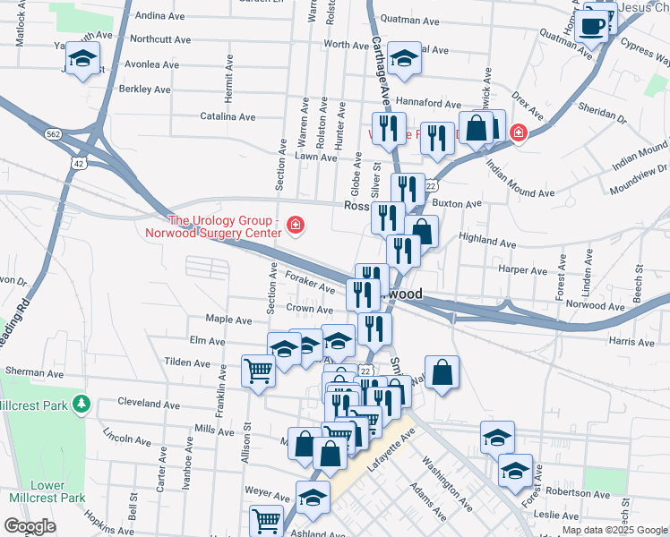 map of restaurants, bars, coffee shops, grocery stores, and more near Joseph E Sanker Boulevard in Norwood