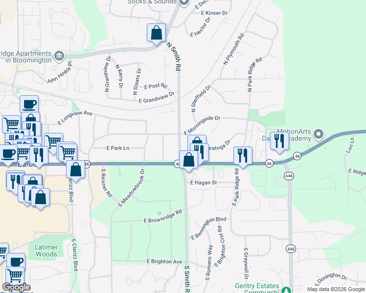 map of restaurants, bars, coffee shops, grocery stores, and more near 207 South Smith Road in Bloomington