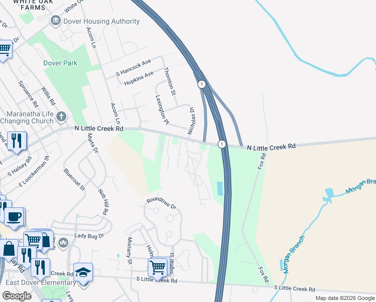 map of restaurants, bars, coffee shops, grocery stores, and more near 1542 North Little Creek Road in Dover