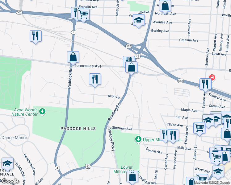 map of restaurants, bars, coffee shops, grocery stores, and more near 1364 Avon Drive in Cincinnati