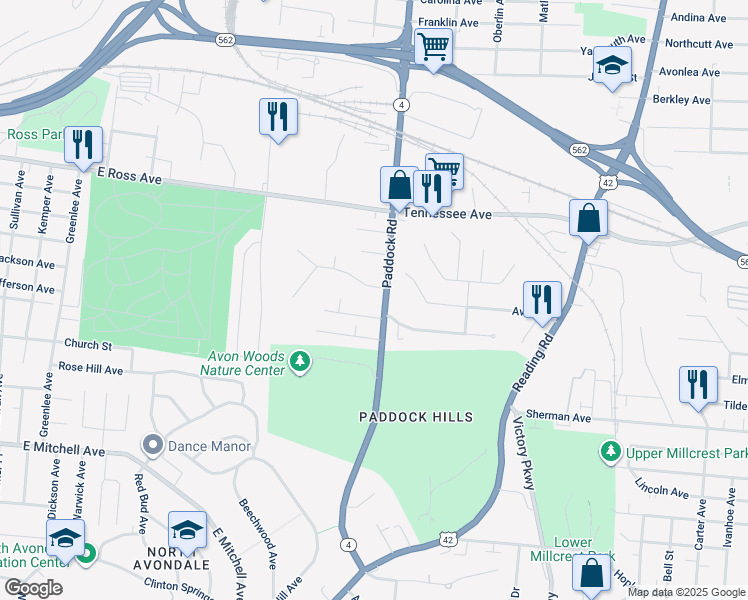map of restaurants, bars, coffee shops, grocery stores, and more near 1110 Sunnyslope Drive in Cincinnati