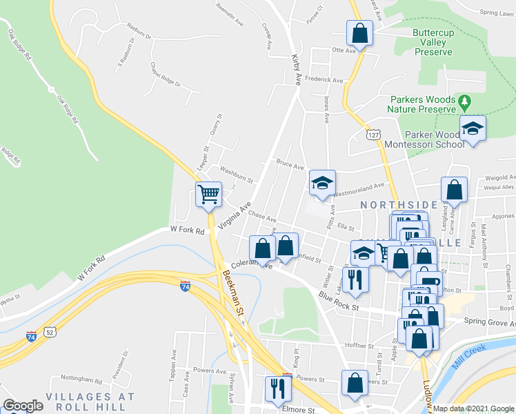 map of restaurants, bars, coffee shops, grocery stores, and more near 1834 Chase Avenue in Cincinnati