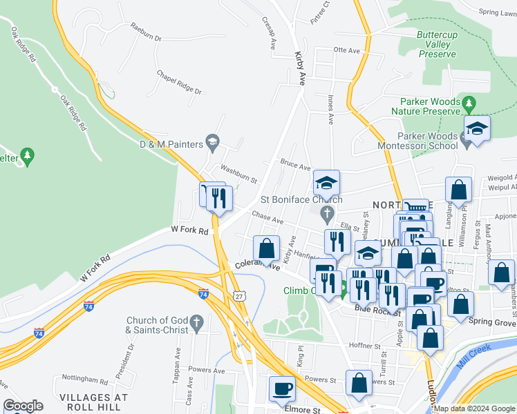 map of restaurants, bars, coffee shops, grocery stores, and more near 1863 Chase Avenue in Cincinnati
