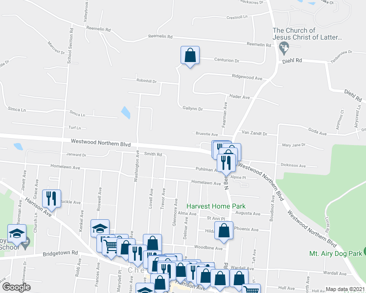 map of restaurants, bars, coffee shops, grocery stores, and more near 3653 Westwood Northern Boulevard in Cincinnati