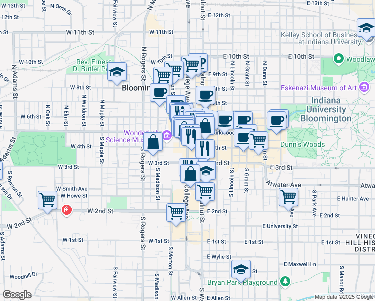 map of restaurants, bars, coffee shops, grocery stores, and more near 222 South College Avenue in Bloomington