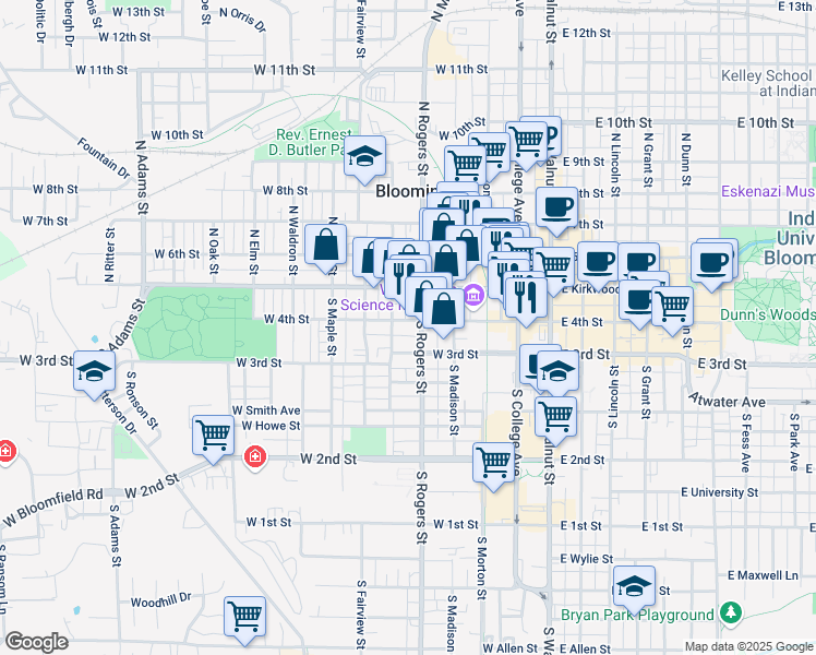 map of restaurants, bars, coffee shops, grocery stores, and more near 516 West 3rd Street in Bloomington