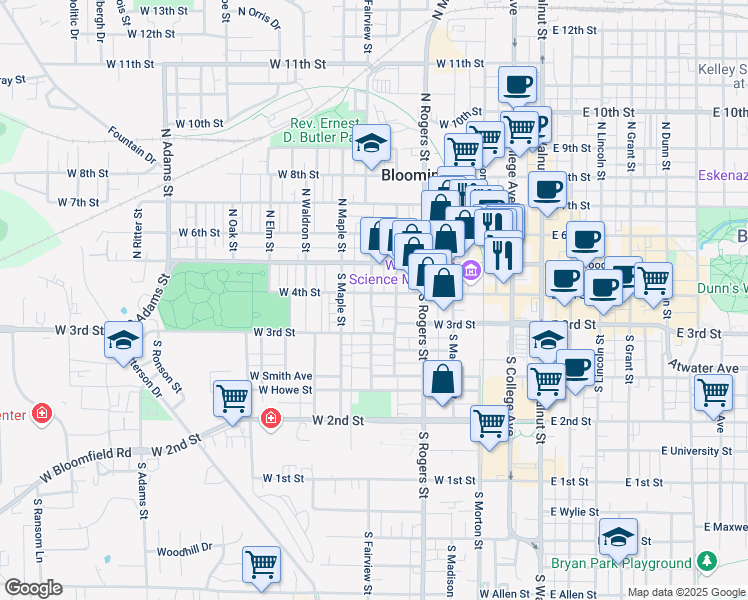 map of restaurants, bars, coffee shops, grocery stores, and more near 211 South Fairview Street in Bloomington