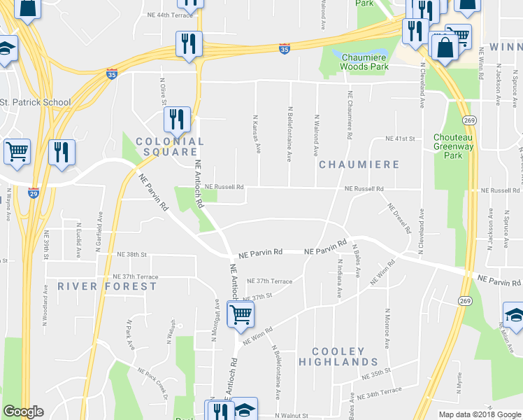 map of restaurants, bars, coffee shops, grocery stores, and more near 2924 Northeast 39th Street in Kansas City